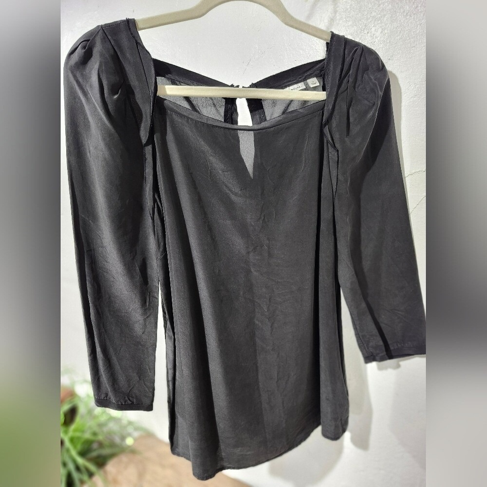 Halogen Black Silk Blend Square Neck Puff Sleeve Blouse Size M Side Zip Keyhole